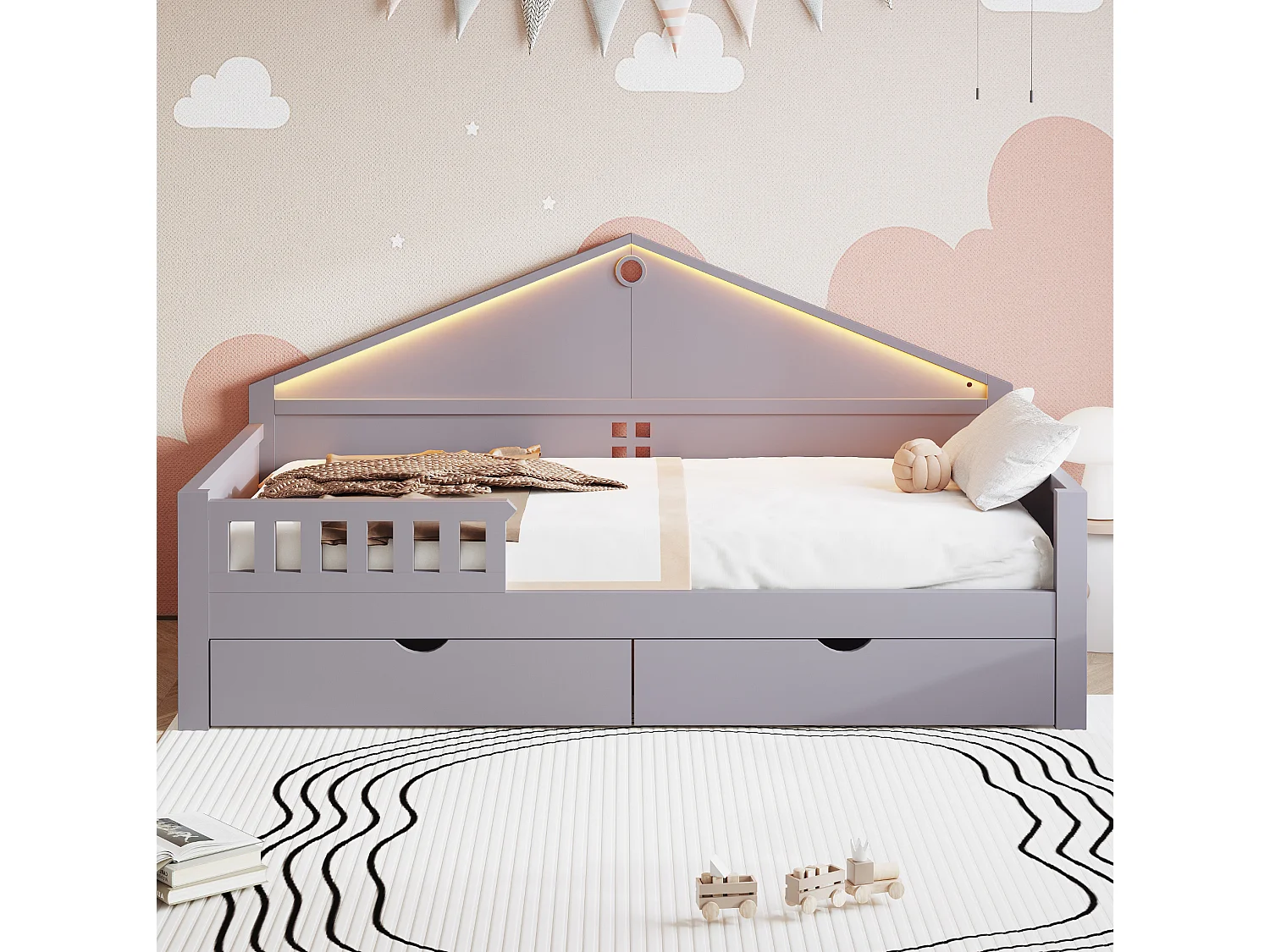 Lit enfant 90x200 cm avec sommier à lattes, LED et 2 tiroirs - Gris