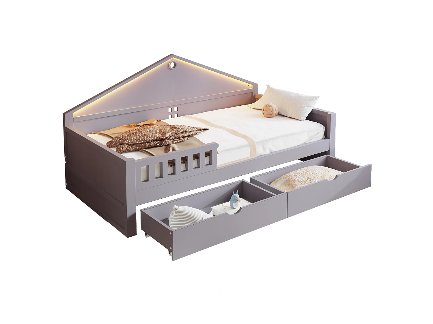 Lit enfant 90x200 cm avec sommier à lattes, LED et 2 tiroirs - Gris