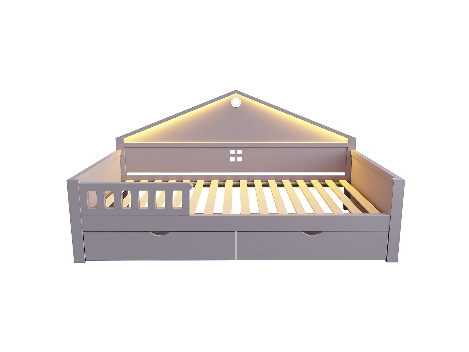 Lit enfant 90x200 cm avec sommier à lattes, LED et 2 tiroirs - Gris