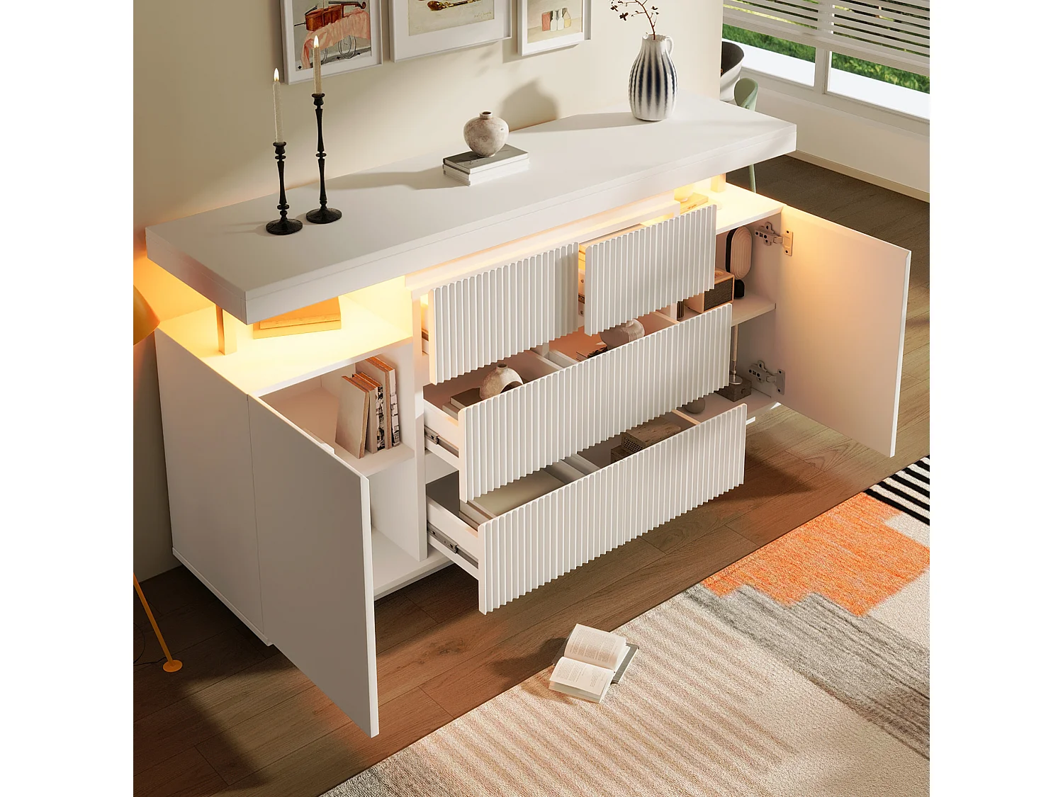 Credenza con illuminazione a LED, 6 cassetti e 2 ante - Bianca 150 x 40 x 78 cm