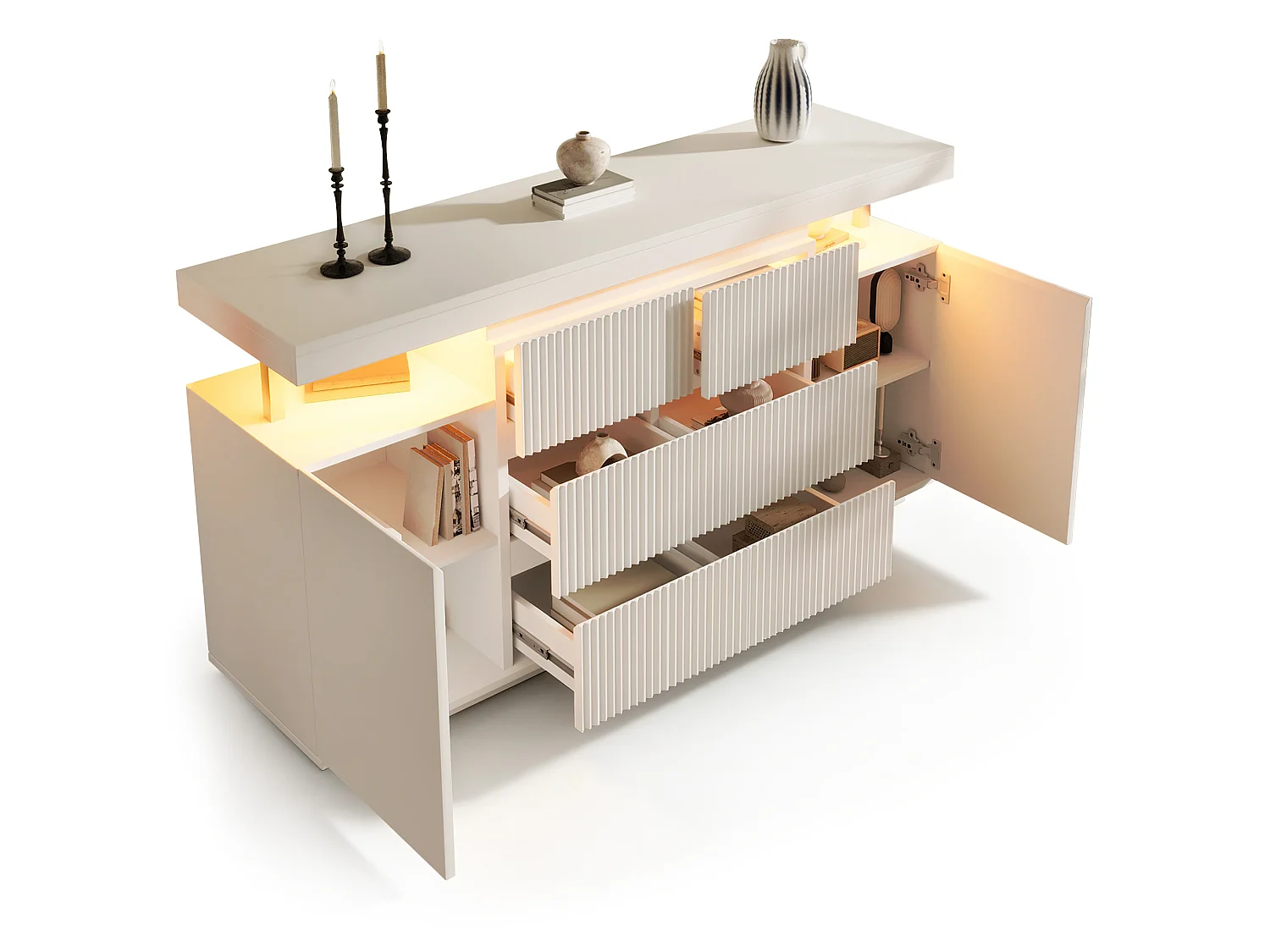 Credenza con illuminazione a LED, 6 cassetti e 2 ante - Bianca 150 x 40 x 78 cm