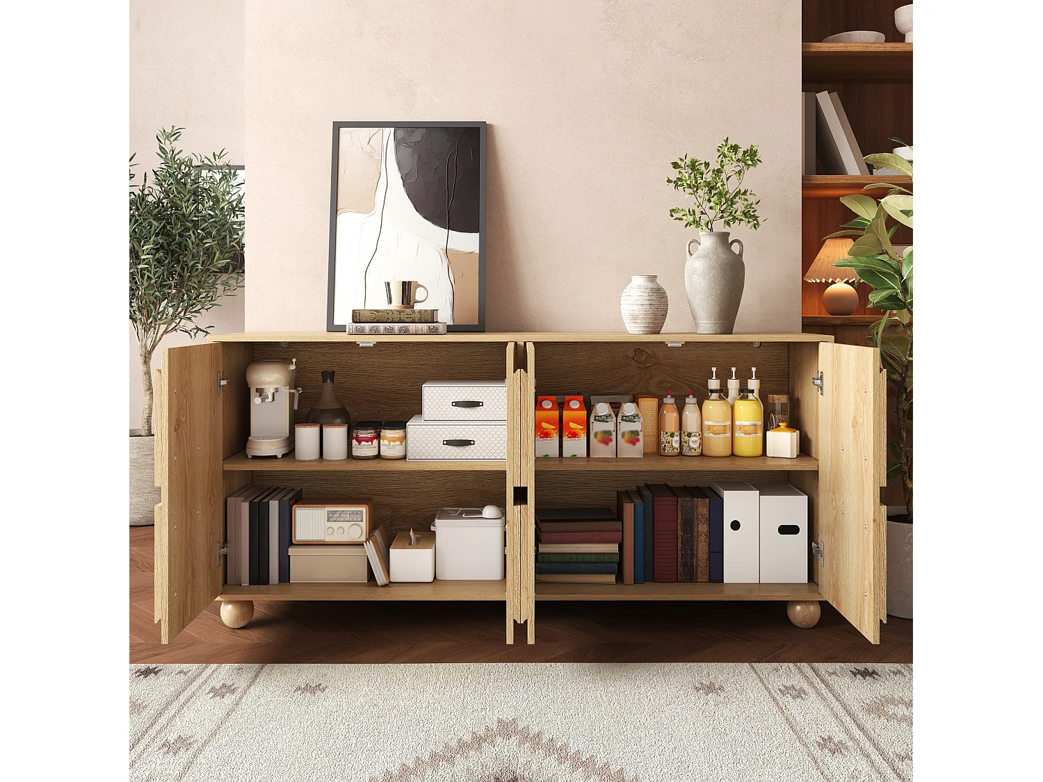 Buffet avec 4 portes orné de motifs circulaires en relief - Naturel clair