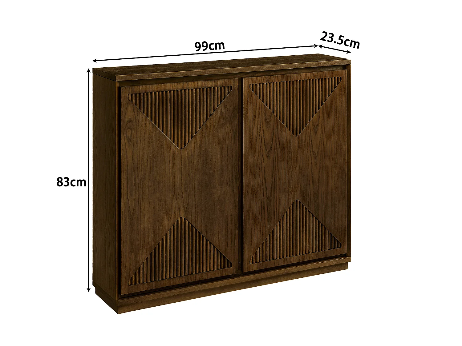 Buffet étroit brun avec 2 portes, au design V rainuré