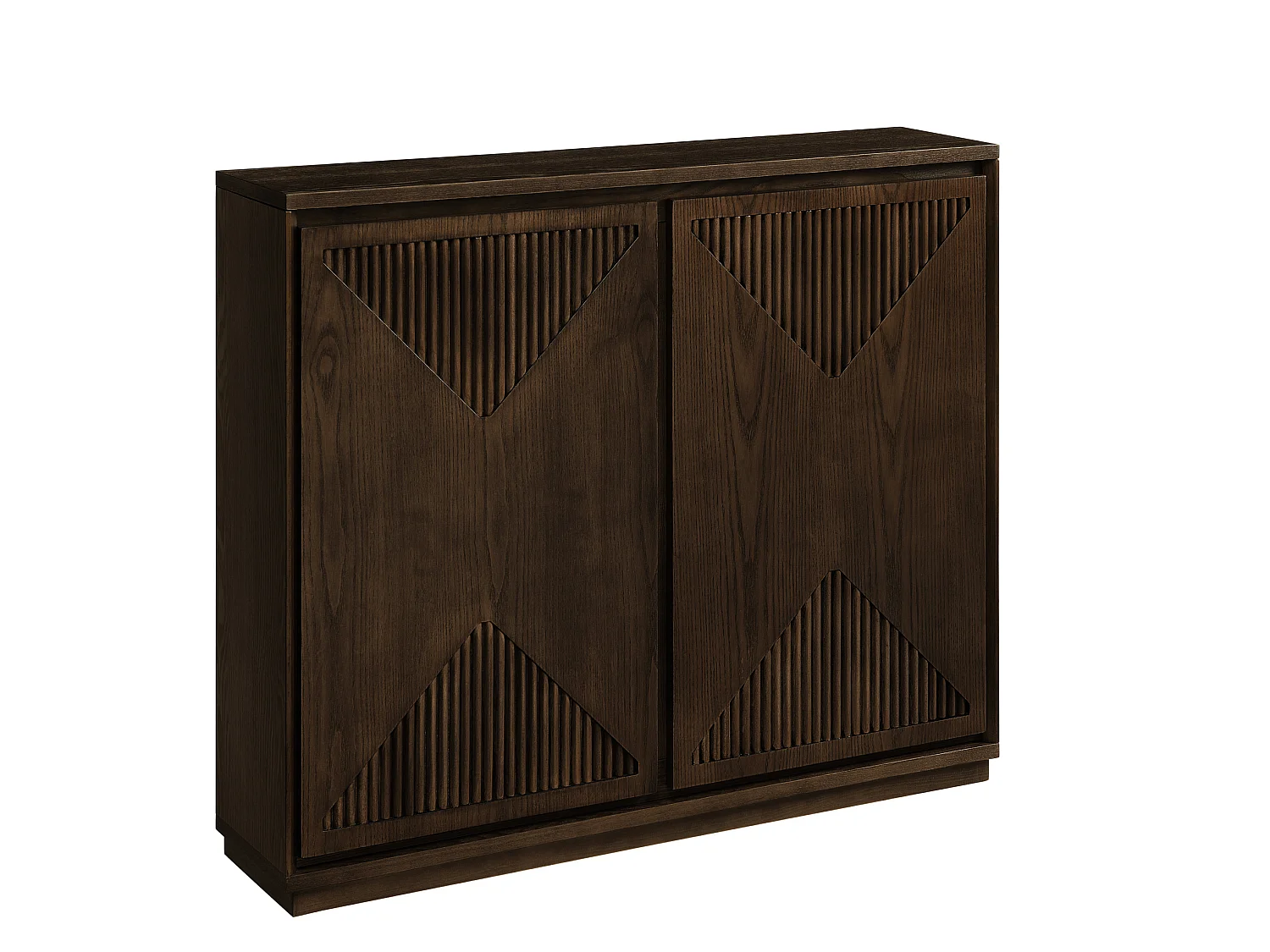 Buffet étroit brun avec 2 portes, au design V rainuré