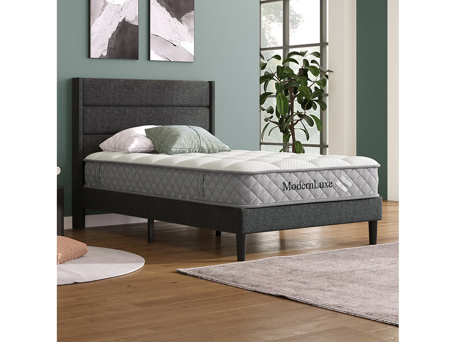 Lit complet 90x200 lin gris foncé, tête rembourrée, sommier lattes, matelas inclus, une place