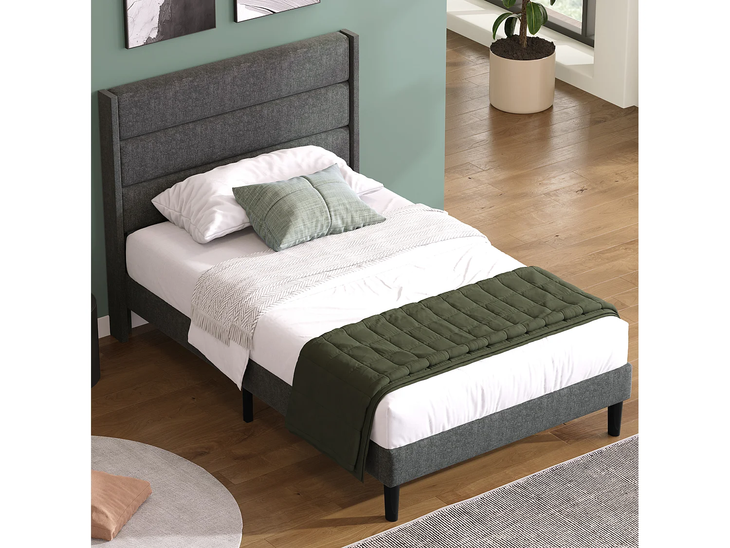 Lit complet 90x200 lin gris foncé, tête rembourrée, sommier lattes, matelas inclus, une place