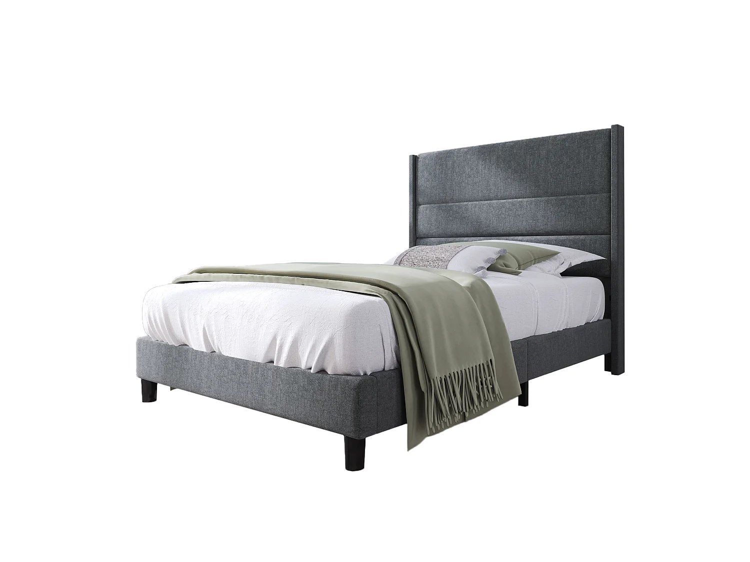 Lit complet 90x200 lin gris foncé, tête rembourrée, sommier lattes, matelas inclus, une place