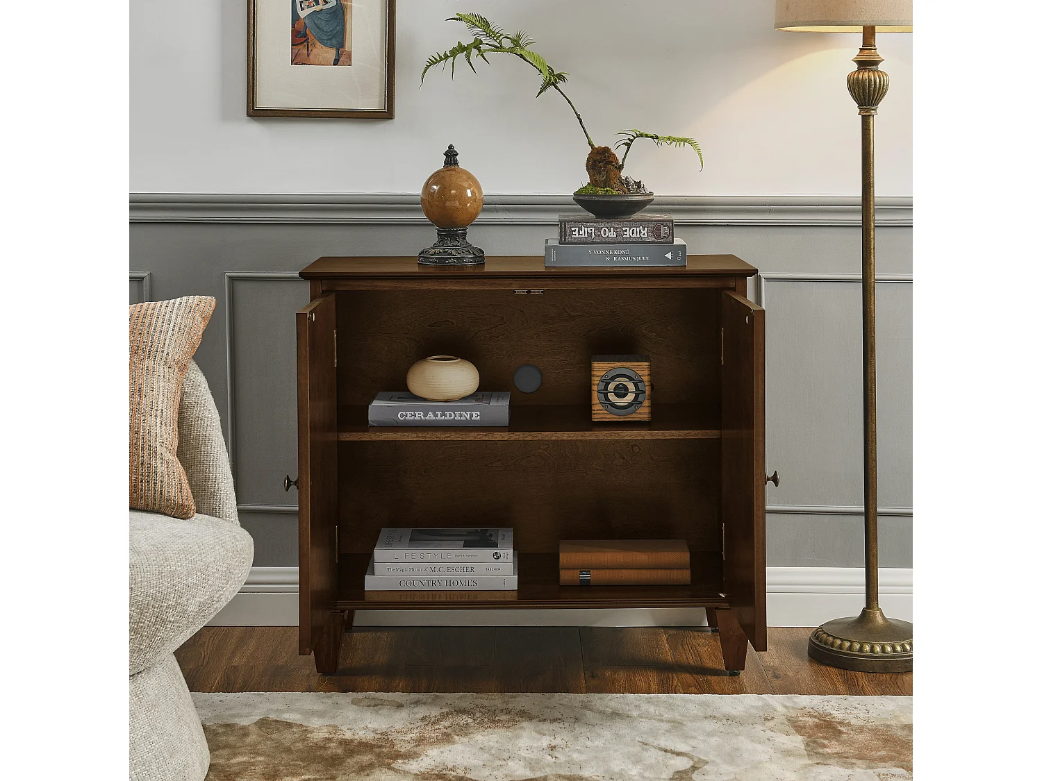 Buffet rétro 85.3 cm avec 2 portes et étagère réglable - Marron