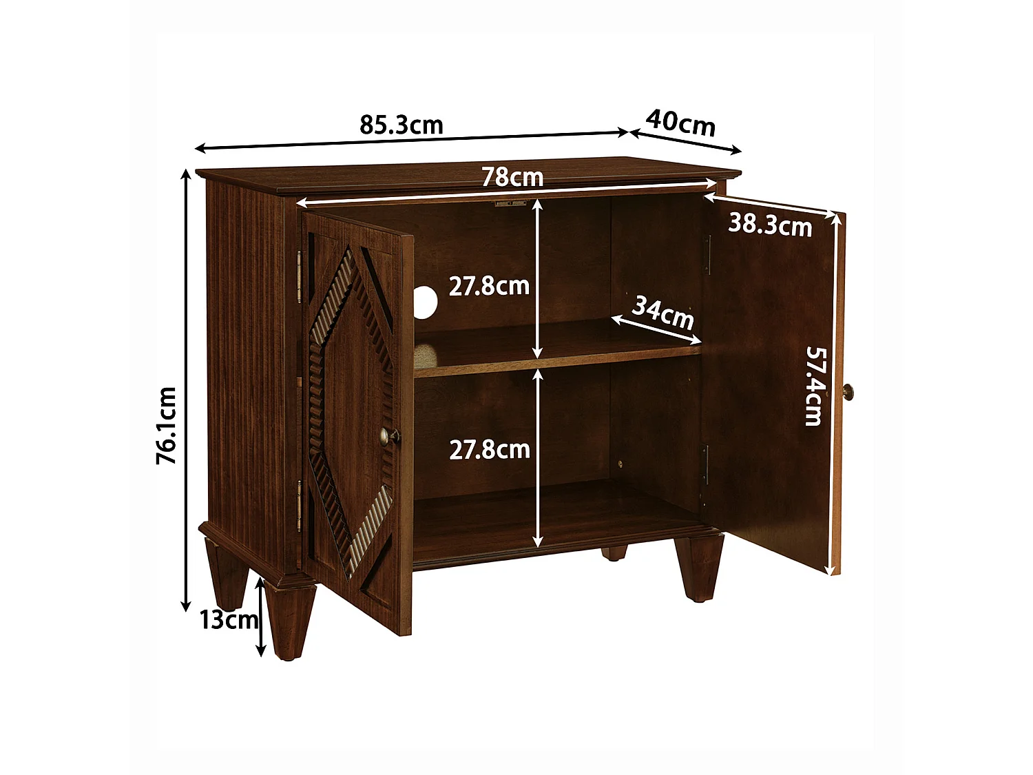Buffet rétro 85.3 cm avec 2 portes et étagère réglable - Marron