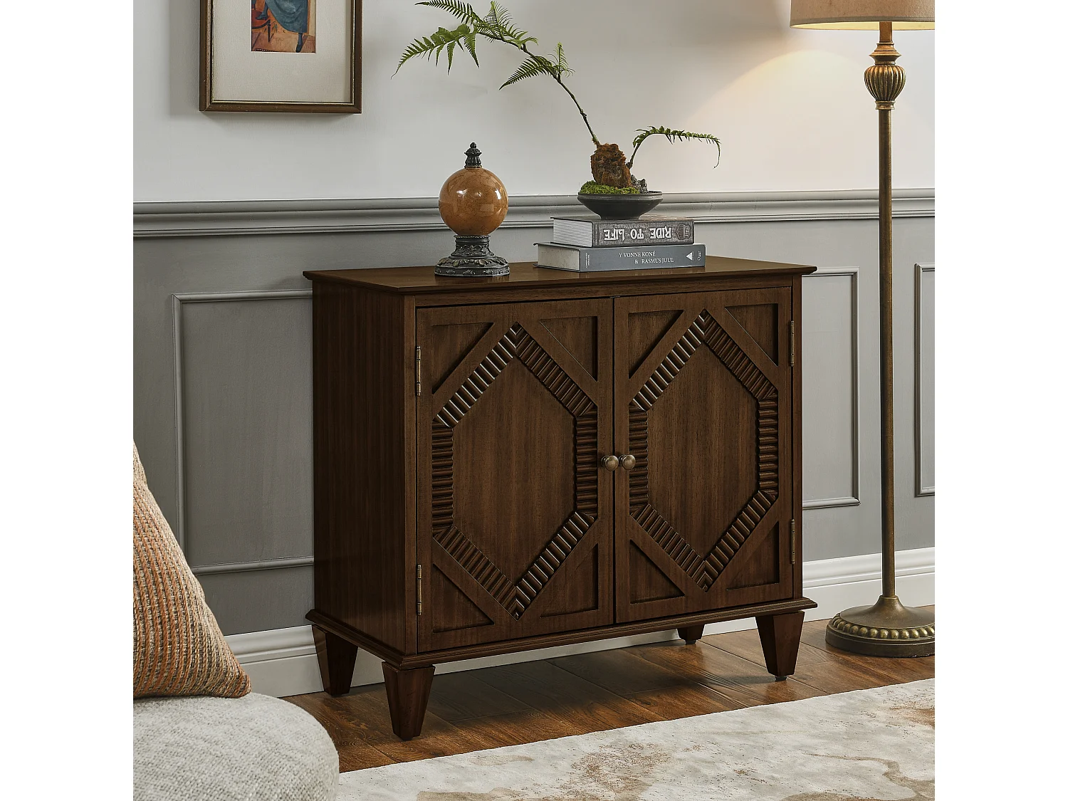 Buffet rétro 85.3 cm avec 2 portes et étagère réglable - Marron