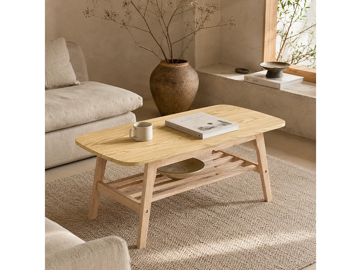 Soffbord 100x48x42 cm i trä med 2 hyllor - Ljus naturfärg