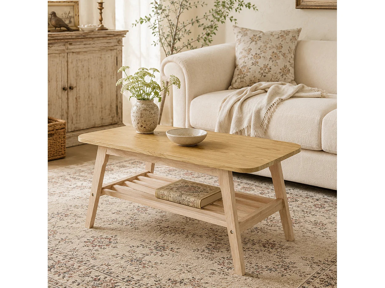 Soffbord 100x48x42 cm i trä med 2 hyllor - Ljus naturfärg