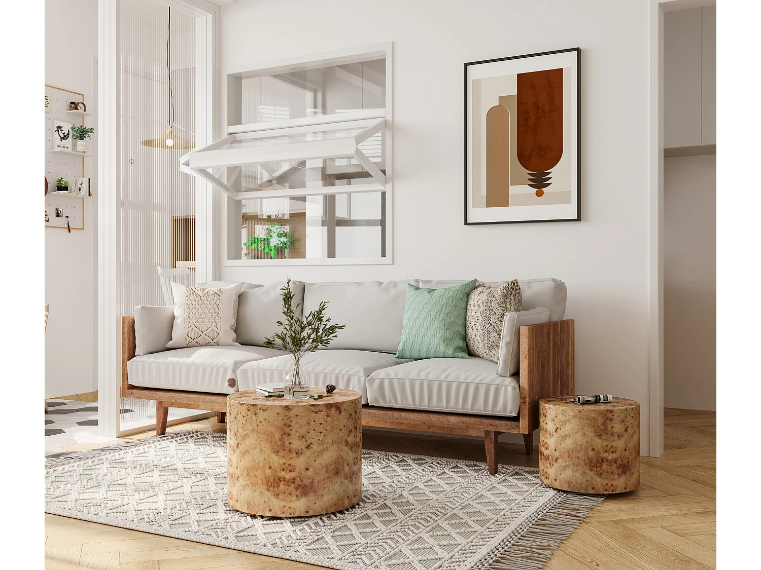 Set di 2 tavolini impilabili con effetto legno naturale - Forma rotonda