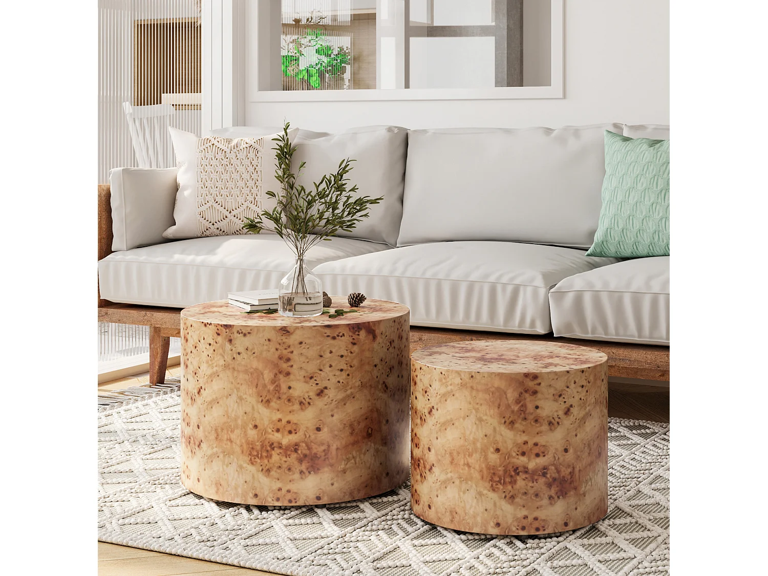 Set di 2 tavolini impilabili con effetto legno naturale - Forma rotonda