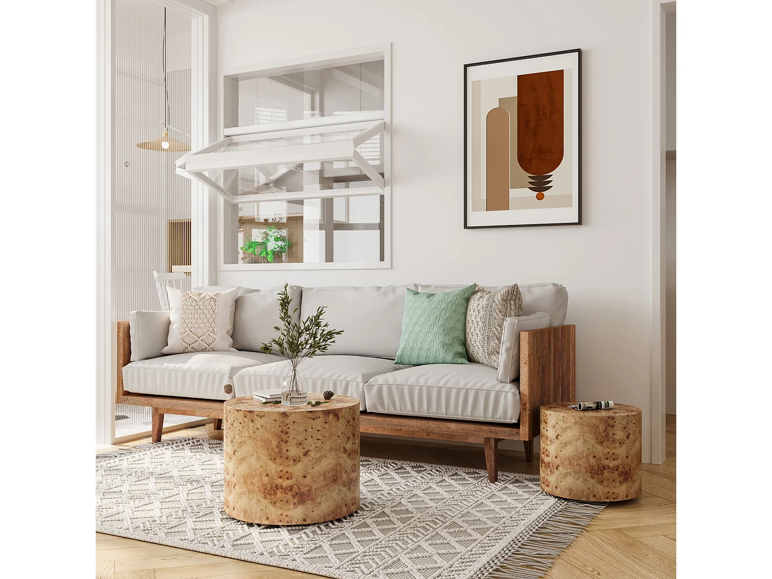 Set di 2 tavolini impilabili con effetto legno naturale - Forma rotonda