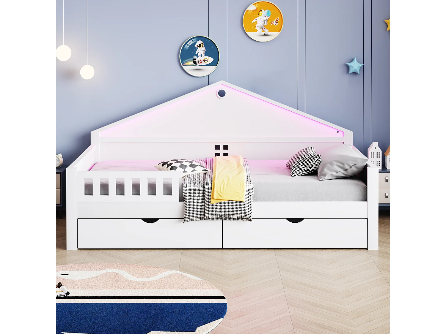 Lit enfant 90x200 cm avec sommier à lattes, LED et 2 tiroirs - Blanc