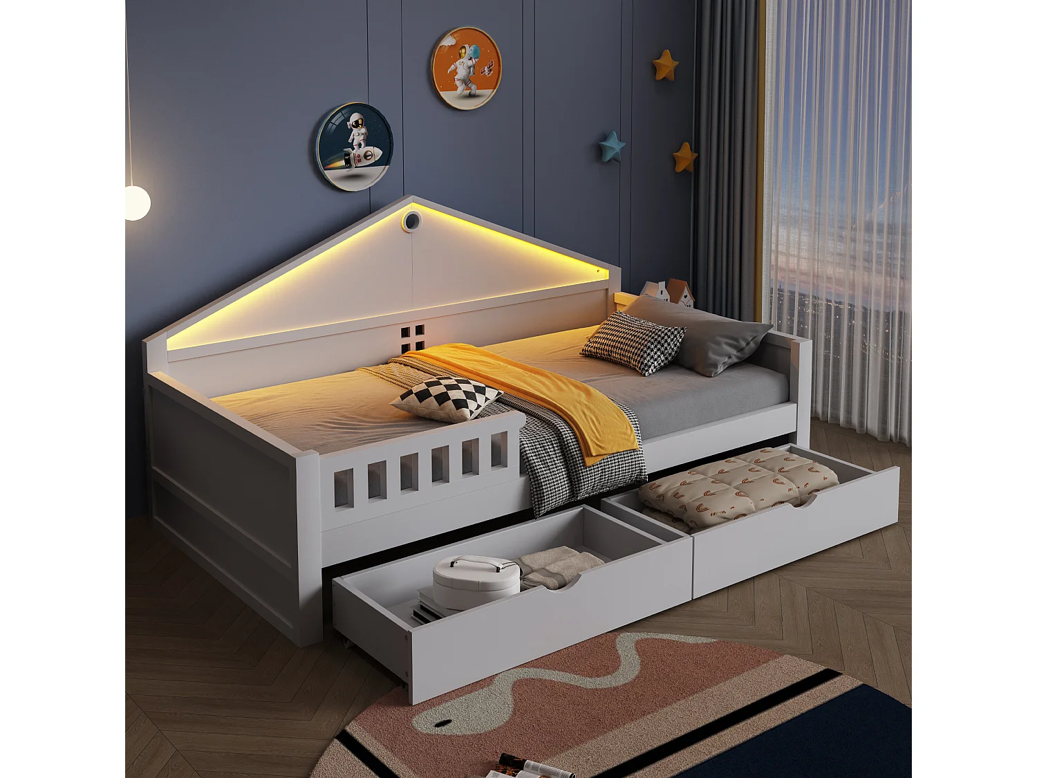 Lit enfant 90x200 cm avec sommier à lattes, LED et 2 tiroirs - Blanc