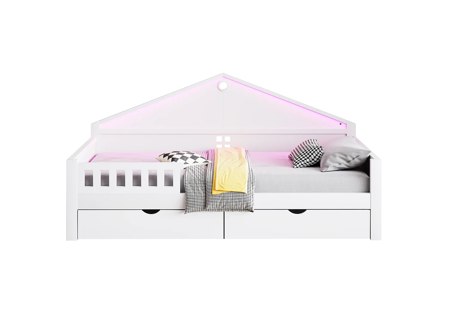 Lit enfant 90x200 cm avec sommier à lattes, LED et 2 tiroirs - Blanc