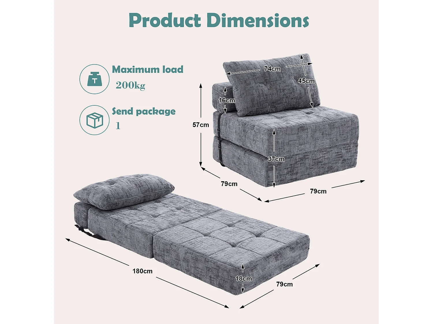 Canapé convertible pliable gris en chenille, avec coussin, lit d'appoint, salon/chambre