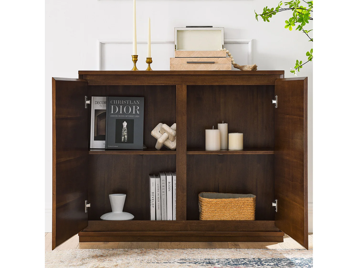 Buffet vintage moderne noyer avec 2 portes - Sans poignée