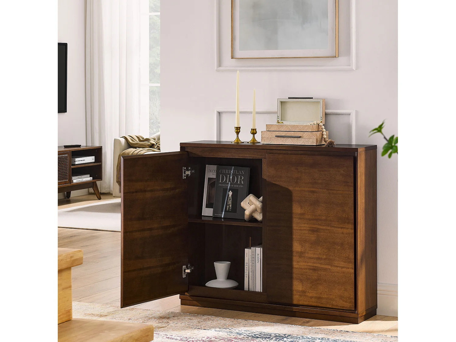 Buffet vintage moderne noyer avec 2 portes - Sans poignée