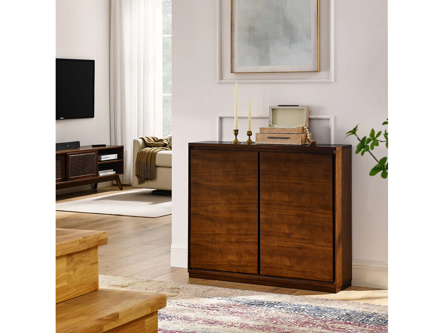 Buffet vintage moderne noyer avec 2 portes - Sans poignée