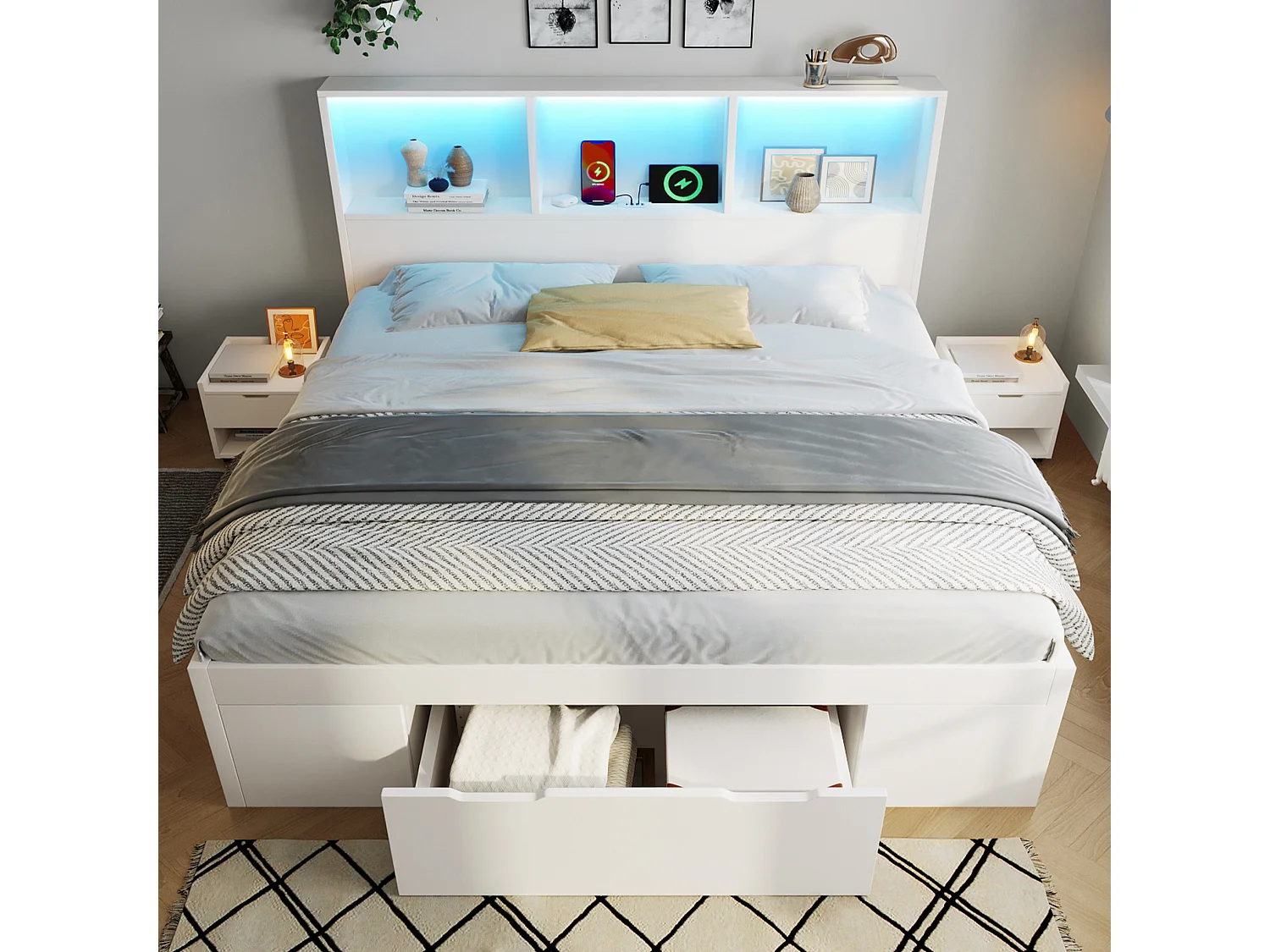 Letto per adulti 140x200 cm con LED, USB, cassetti e 2 comodini regolabili - Legno bianco