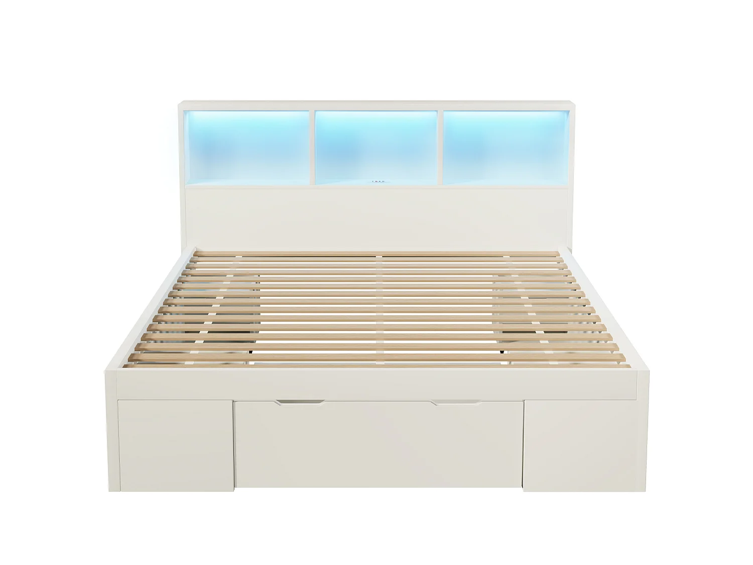 Letto per adulti 140x200 cm con LED, USB, cassetti e 2 comodini regolabili - Legno bianco