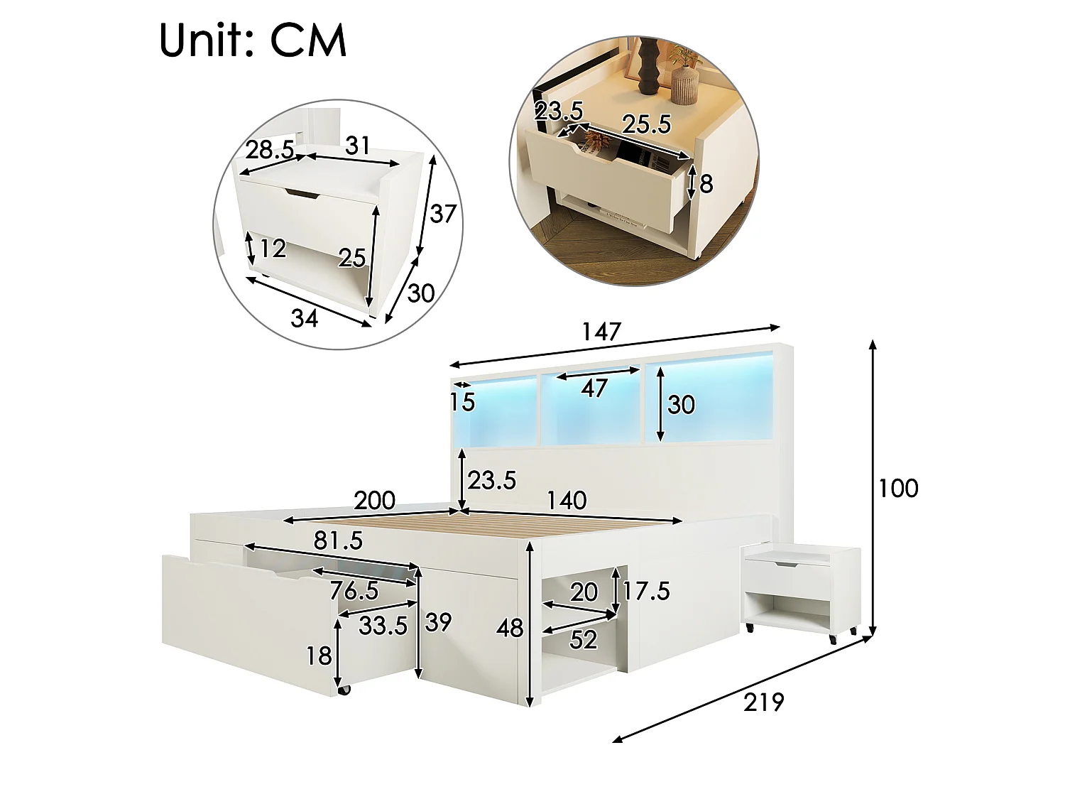 Letto per adulti 140x200 cm con LED, USB, cassetti e 2 comodini regolabili - Legno bianco