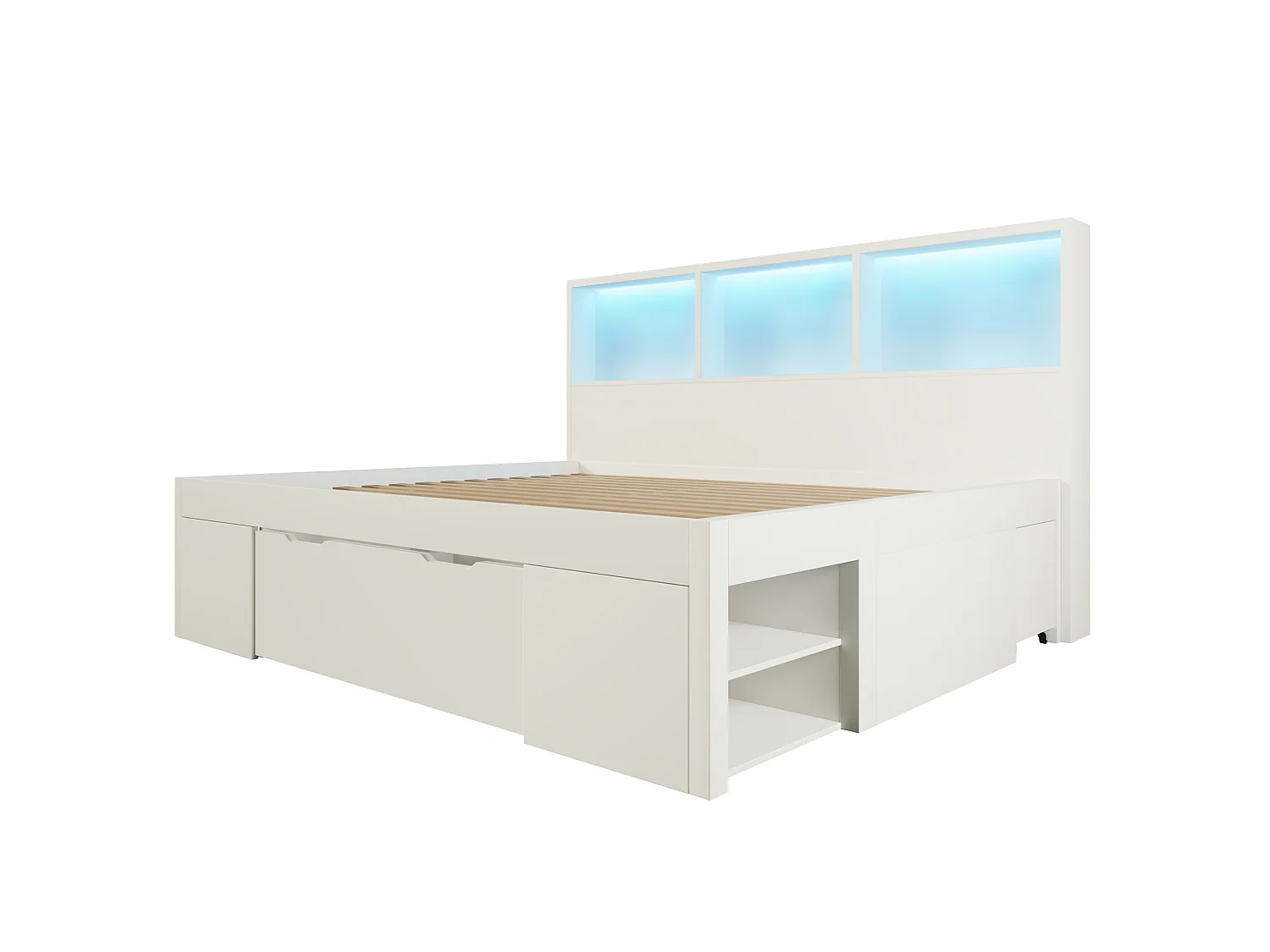 Letto per adulti 140x200 cm con LED, USB, cassetti e 2 comodini regolabili - Legno bianco
