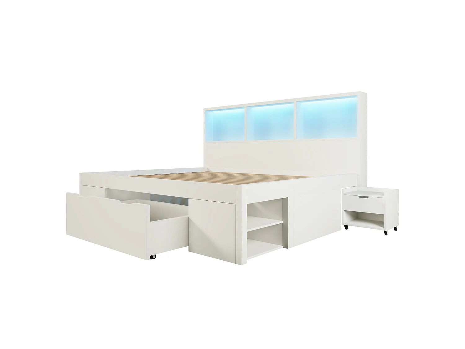 Letto per adulti 140x200 cm con LED, USB, cassetti e 2 comodini regolabili - Legno bianco