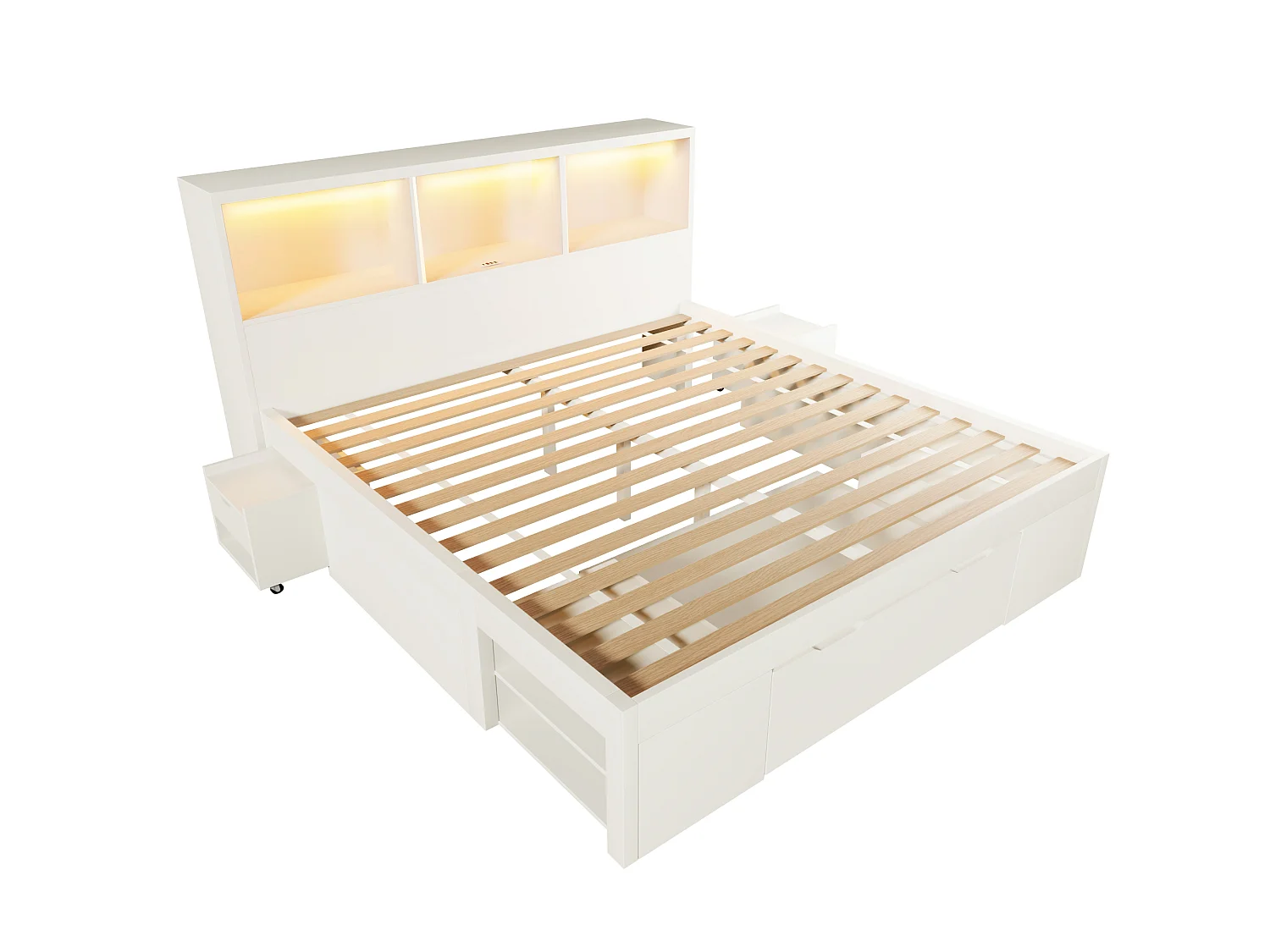 Letto per adulti 140x200 cm con LED, USB, cassetti e 2 comodini regolabili - Legno bianco
