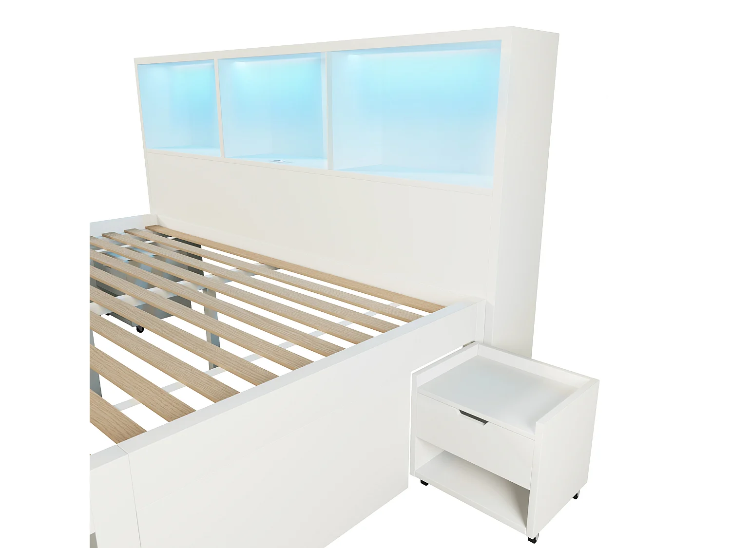 Letto per adulti 140x200 cm con LED, USB, cassetti e 2 comodini regolabili - Legno bianco