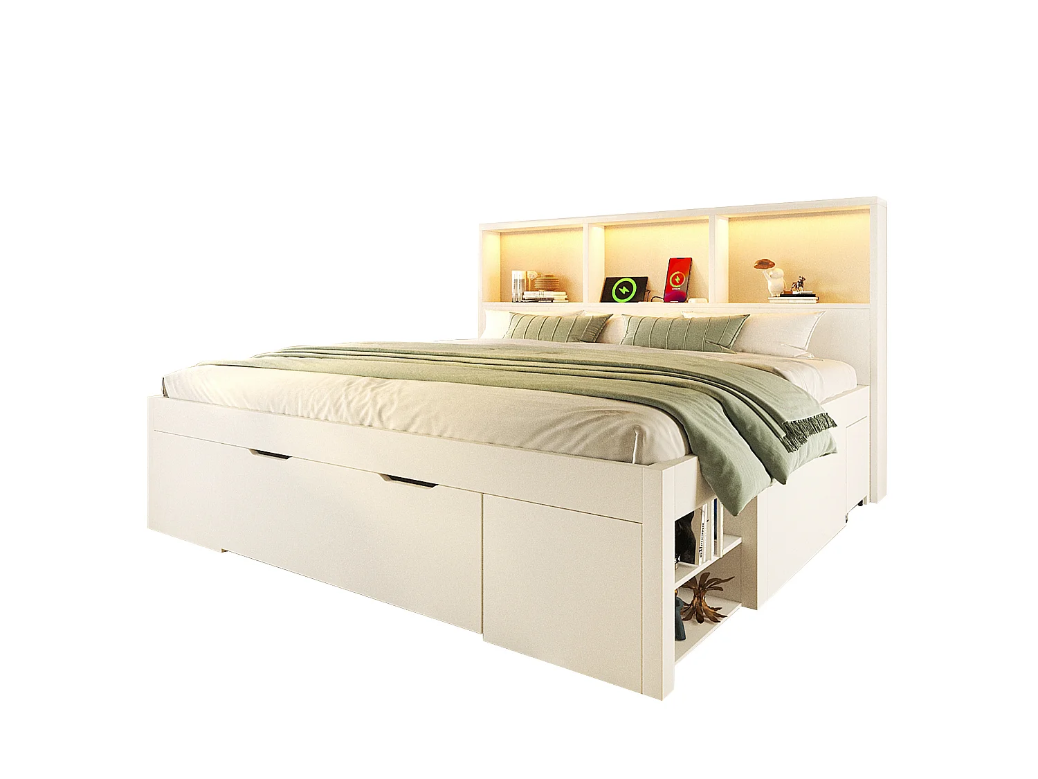 Letto per adulti 140x200 cm con LED, USB, cassetti e 2 comodini regolabili - Legno bianco