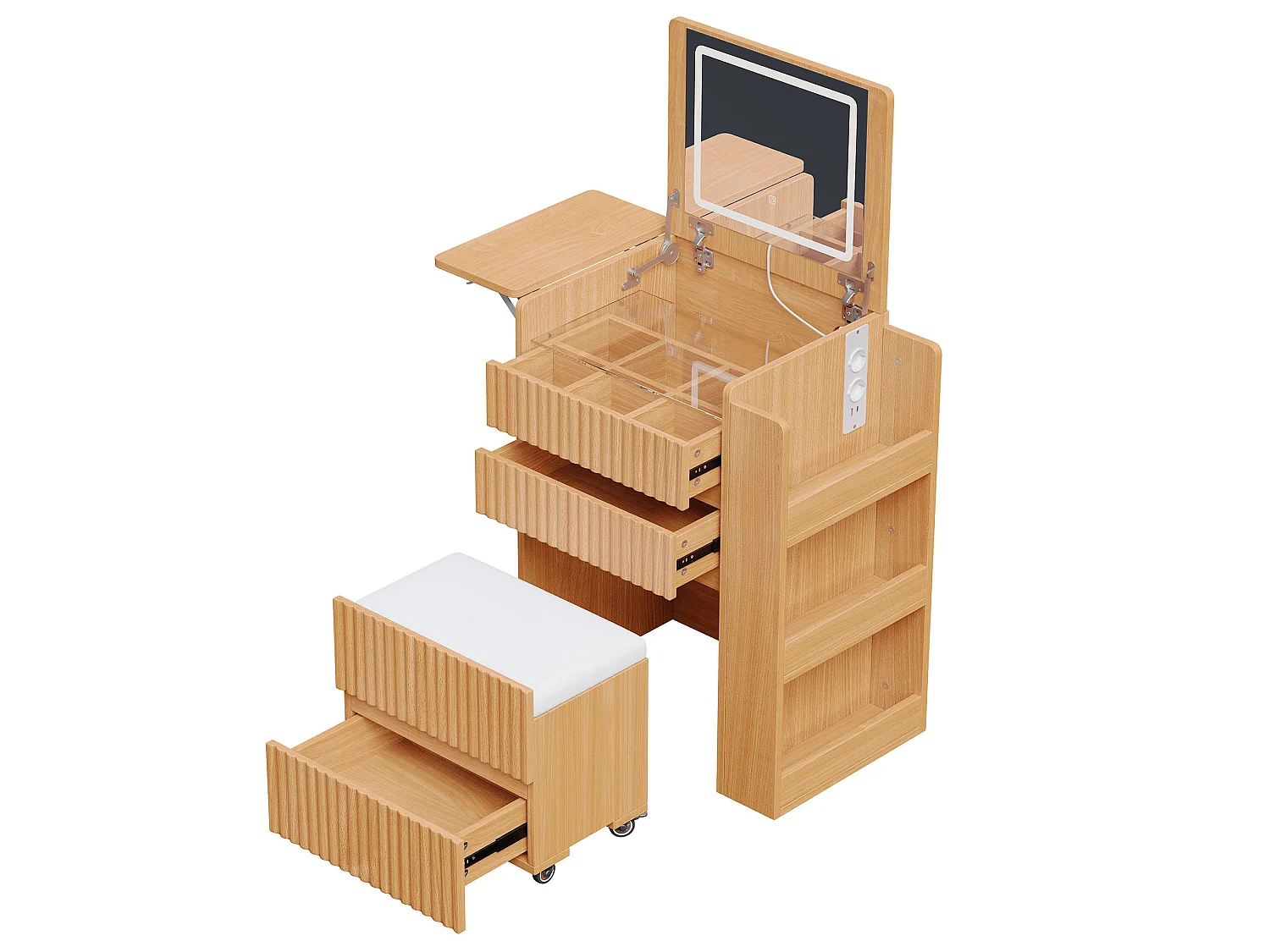 Coiffeuse naturel avec miroir LED rabattable, USB/Type-C, tabouret et 3 tiroirs