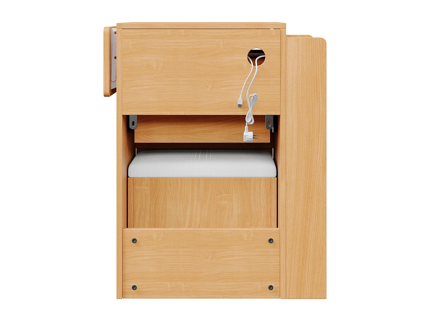 Coiffeuse naturel avec miroir LED rabattable, USB/Type-C, tabouret et 3 tiroirs