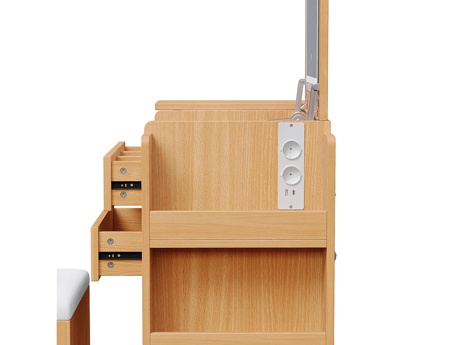 Coiffeuse naturel avec miroir LED rabattable, USB/Type-C, tabouret et 3 tiroirs