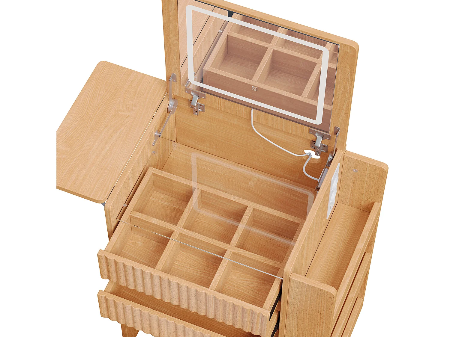 Coiffeuse naturel avec miroir LED rabattable, USB/Type-C, tabouret et 3 tiroirs