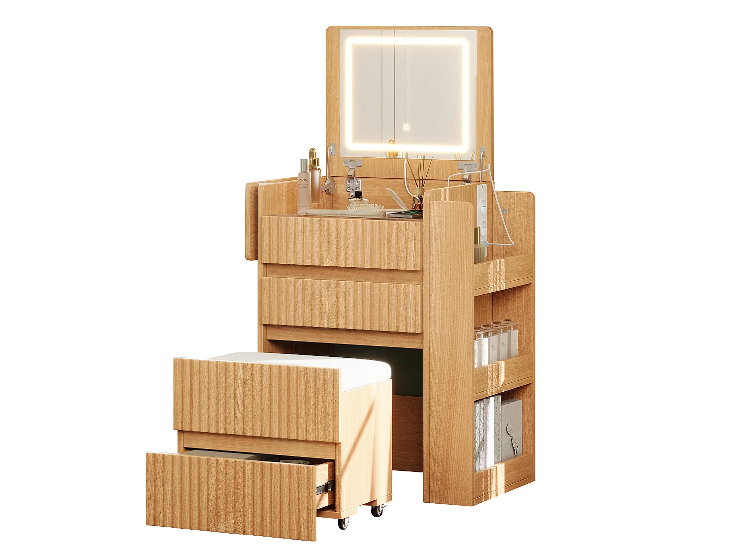 Coiffeuse naturel avec miroir LED rabattable, USB/Type-C, tabouret et 3 tiroirs