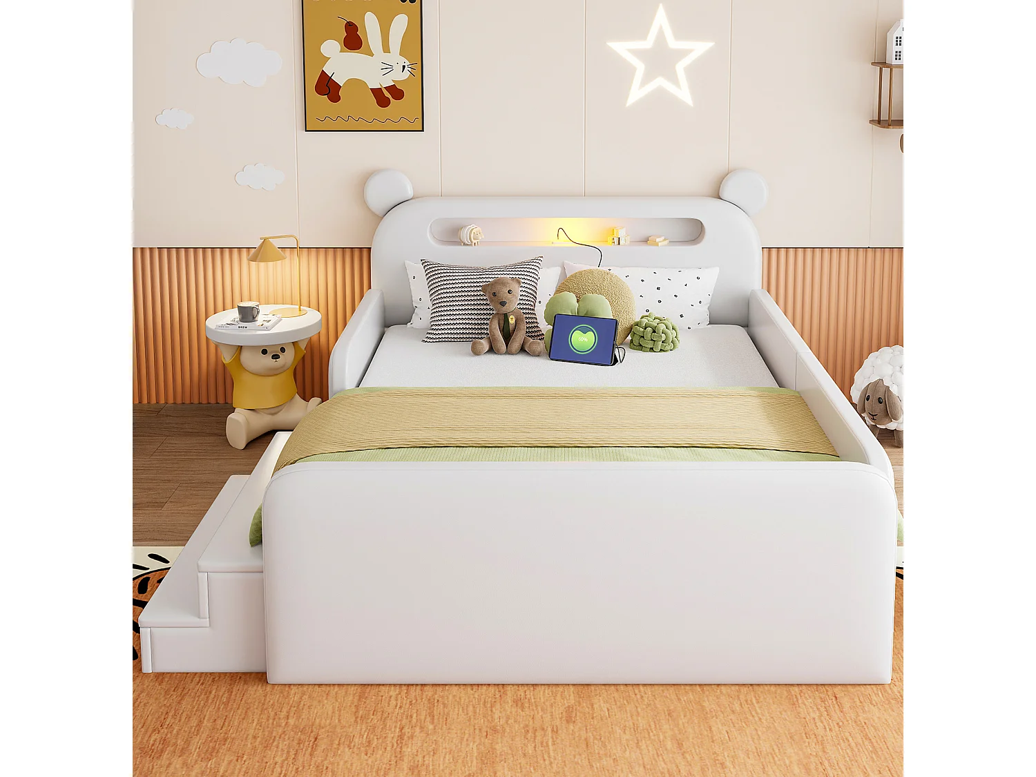 Lit enfant 140x200 cm avec tête de lit ours, veilleuse, USB et rangement - Simili cuir blanc
