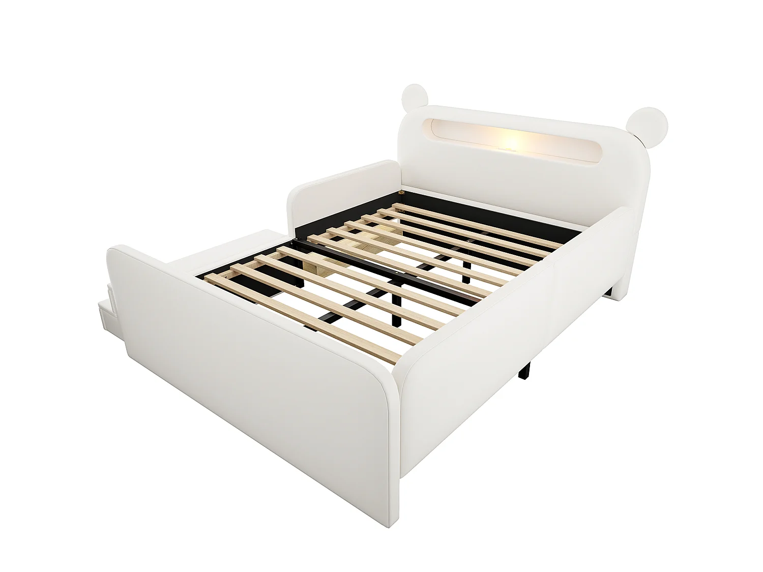 Lit enfant 140x200 cm avec tête de lit ours, veilleuse, USB et rangement - Simili cuir blanc