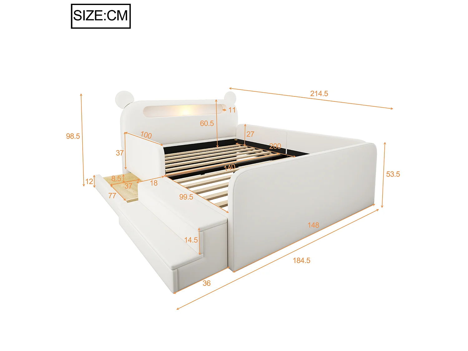 Lit enfant 140x200 cm avec tête de lit ours, veilleuse, USB et rangement - Simili cuir blanc