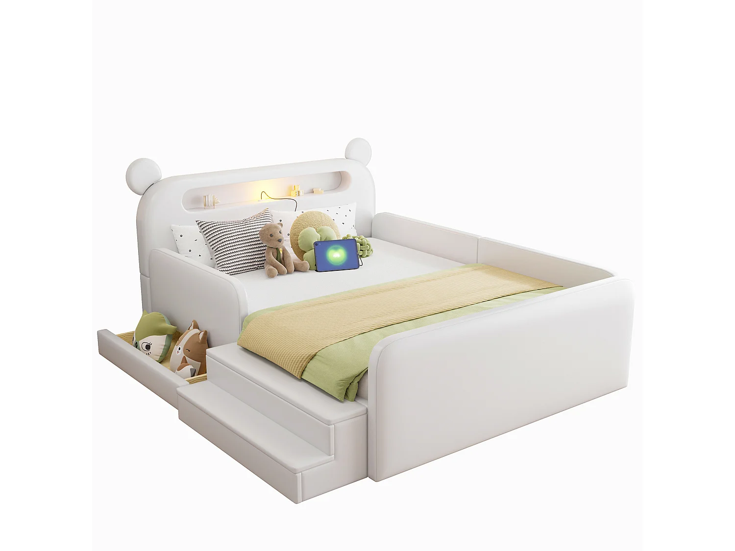 Lit enfant 140x200 cm avec tête de lit ours, veilleuse, USB et rangement - Simili cuir blanc