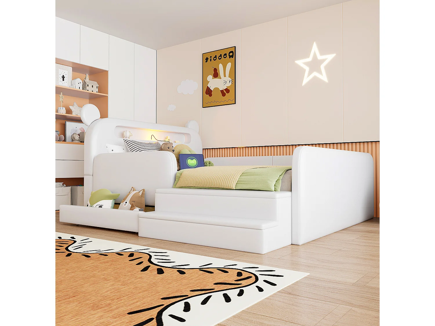 Lit enfant 140x200 cm avec tête de lit ours, veilleuse, USB et rangement - Simili cuir blanc