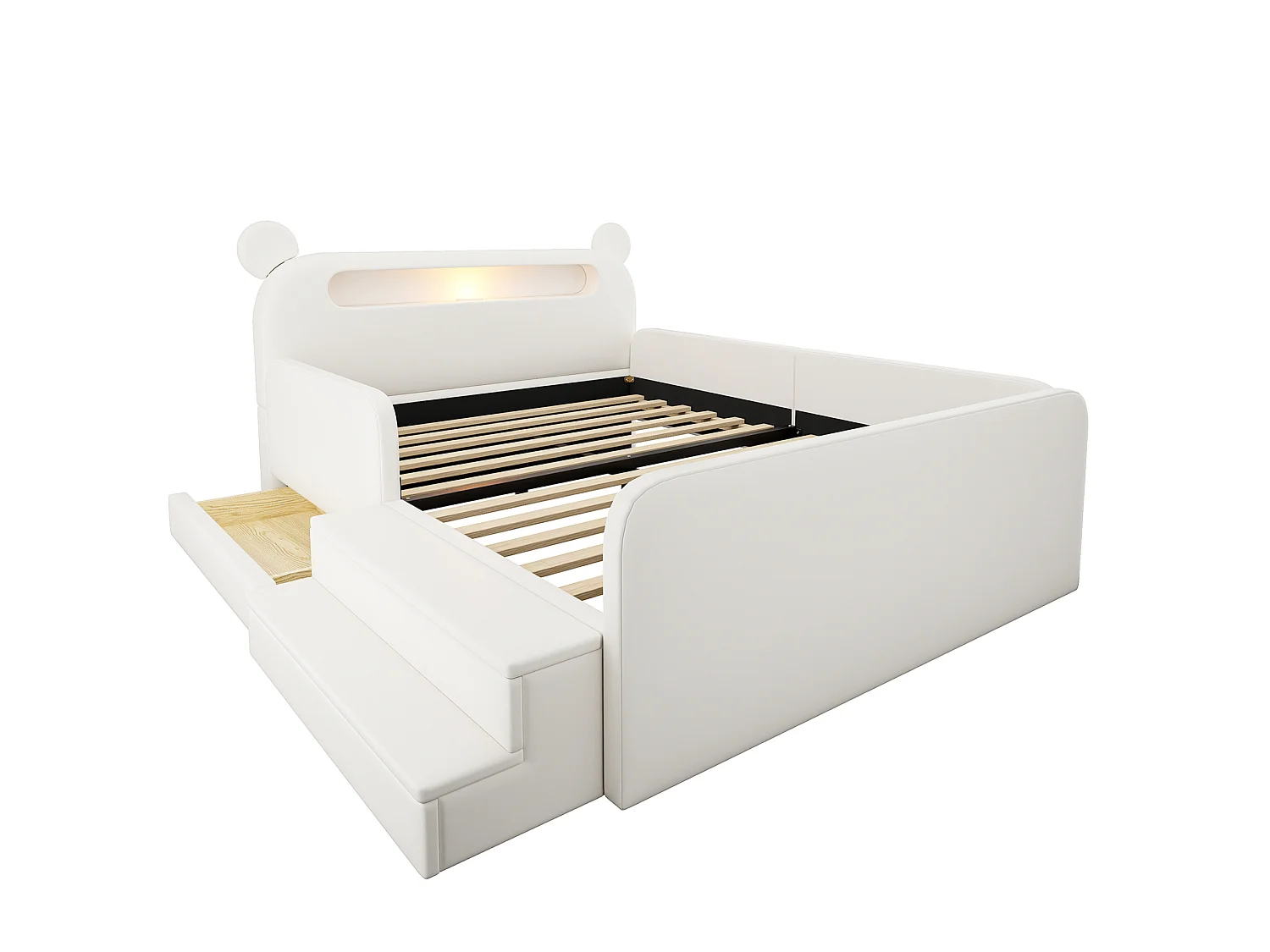 Lit enfant 140x200 cm avec tête de lit ours, veilleuse, USB et rangement - Simili cuir blanc