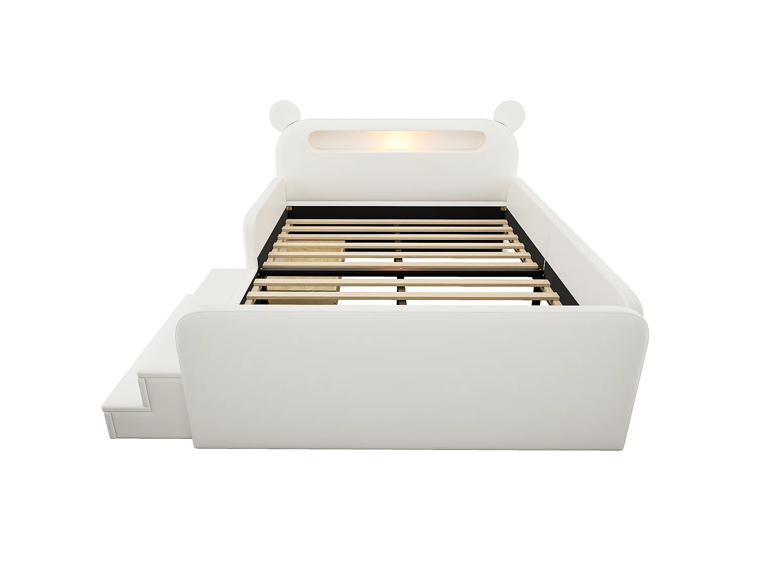 Lit enfant 140x200 cm avec tête de lit ours, veilleuse, USB et rangement - Simili cuir blanc
