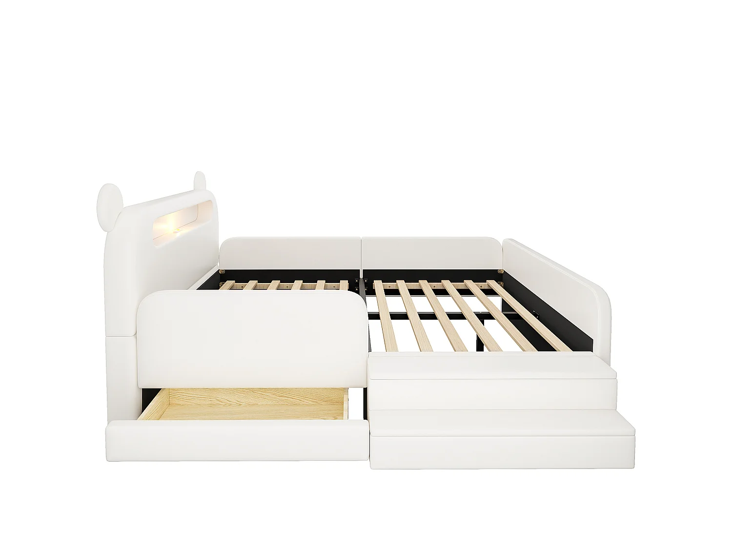 Lit enfant 140x200 cm avec tête de lit ours, veilleuse, USB et rangement - Simili cuir blanc