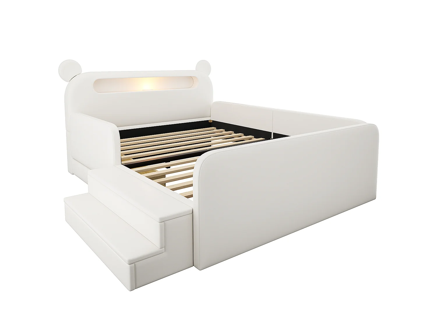 Lit enfant 140x200 cm avec tête de lit ours, veilleuse, USB et rangement - Simili cuir blanc