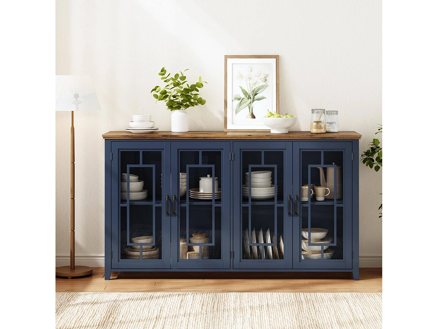 Buffet moderne avec 4 portes vitrées - Bleu 160 x 40 x 86 cm
