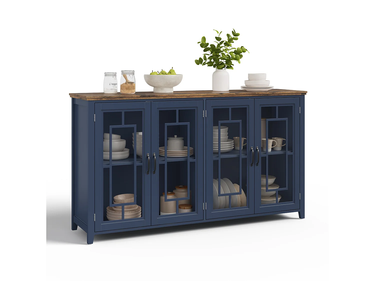 Buffet moderne avec 4 portes vitrées - Bleu 160 x 40 x 86 cm